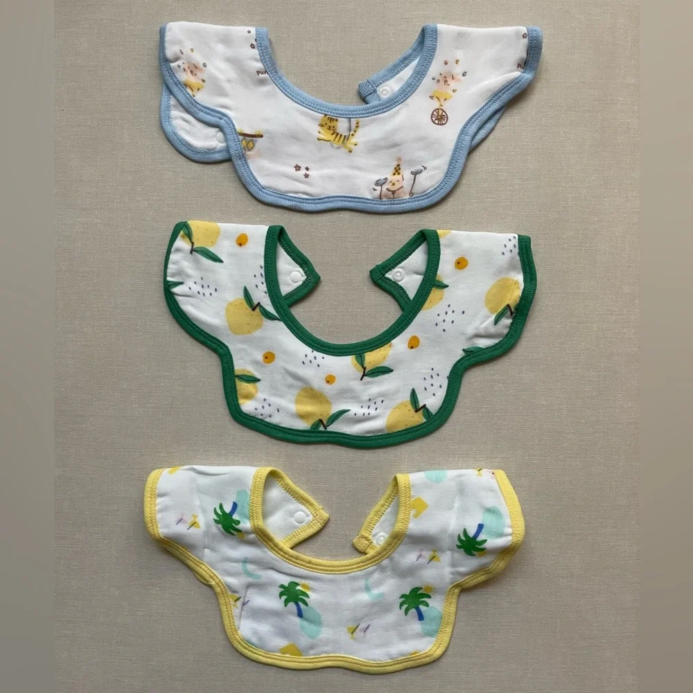 Baby Bib Set - Blue, Green & Yellow Scalloped Cotton Bibs